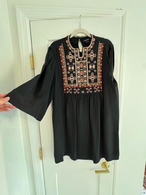 Isabel Marant Black Embroidered Folk Neckline Dress